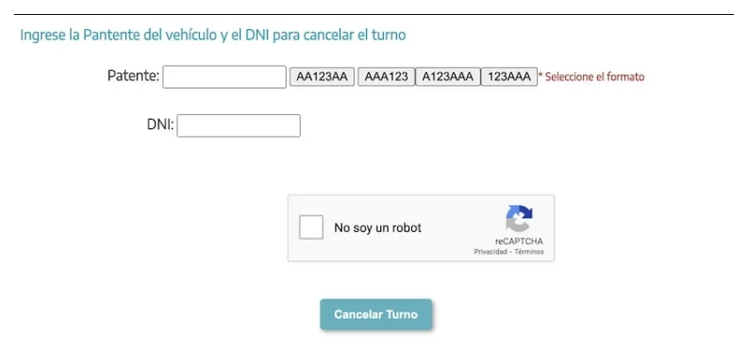 Pantalla para cancelar el turno de la VTV en Burzaco con patente y DNI